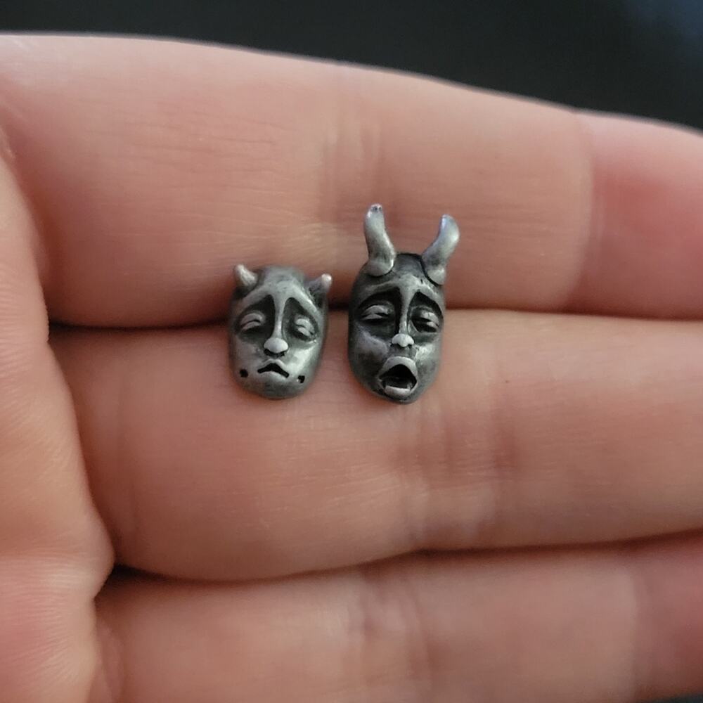 Creepy goblin demon baby face mismatch earrings